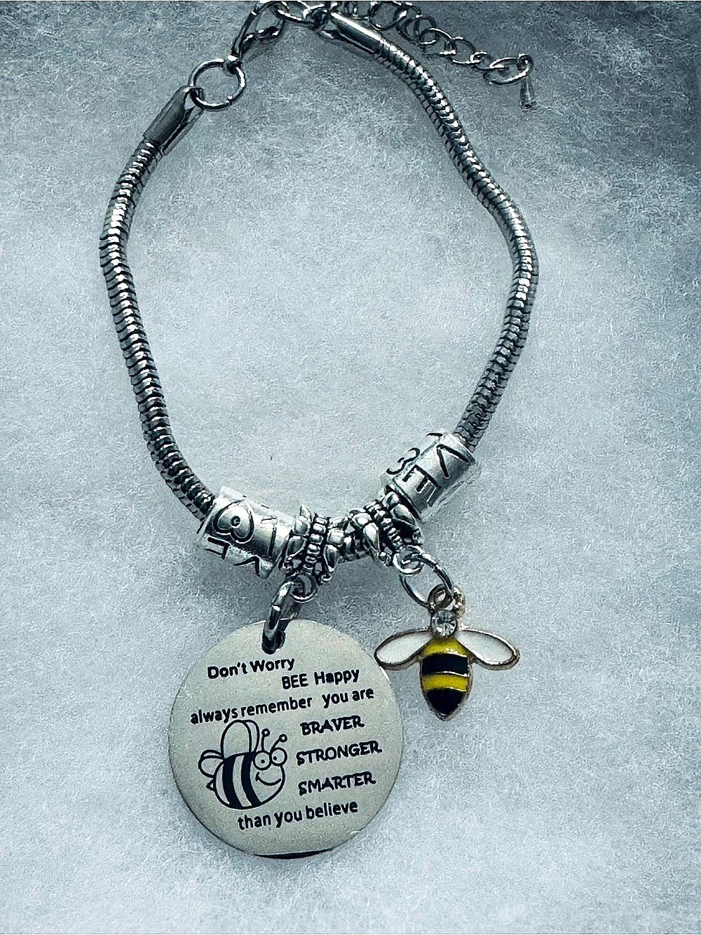 NWOT Don't Worry BEE Happy Bee Charm Bracelet in Silver & Yellow
